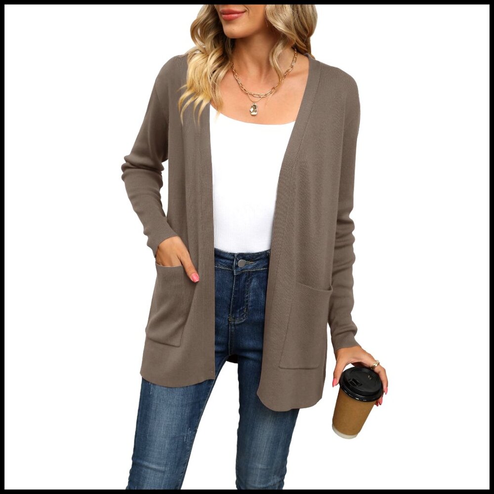 Lightweight Long Sleeve Open Front Cardigan with Pockets, Viscose
